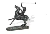 Polo Player by Yves Benoist-Gironière, Bronze figure of a polo player on pony with stick aloft, about to strike the ball, raised on naturalistic plinth base, sold Oct 2019