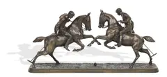 Isidore Bonheur, Polo Players, A bronze figure group of two horseman playing polo, raised on naturalistic plinth base