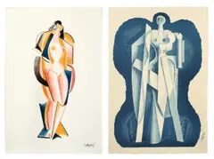 Alexander Archipenko, Dreizehn Steinzeichnungen, 1921, Original-Leinenmappe mit 13 Lithographien, zum Teil in Farbe, auf verschiedenen Papieren
