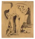 Sich bückender Akt im Raum by Ernst Ludwig Kirchner, Um 1912, Tuschpinsel und Bleistift auf bräunlichem Papier, sold May 2011