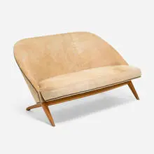Theo Ruth, Settee, c. 1955, cowhide, oak, steel brads