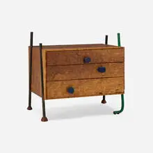 Arthur Espenet Carpenter, Small cabinet, 1993, burlwood, painted rebar, painted wood