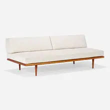Daybed, model 5088 by George Nelson & Associates, c. 1950, birch, upholstery, chrome-plated steel, sold Nov 2025