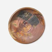 Sandra Johnstone, Wall-mounted charger, c. 1970, glazed earthenware, leather