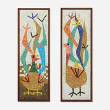 Evelyn Ackerman, Hot Bird and Bird mosaics, pair, 1958, glass tile mosaic on Masonite in original spruce frame
