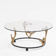 Frederic Weinberg, table, c. 1955, gilt metal, iron, glass