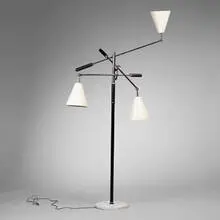Arredoluce, three arm lamp, c. 1960, chrome-plated steel, enameled metal, marble, leather