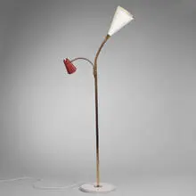 Arteluce, floor lamp, 1950s, brass, enameled metal, marble