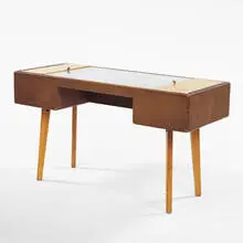 George Nelson, Illuminated vanity, 1950s, birch, vinyl, glass