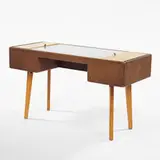 George Nelson, Illuminated vanity, 1950s, birch, vinyl, glass