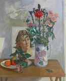 Gordon Stewart Cameron, Tabletop still life with flowers, fruit and picture