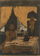 Otto Mueller, Zwei Zigeunermädchen im Wohnraum, 1926, Farblithografie auf Papier