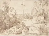 Julius Schnorr von Carolsfeld, Der heilige Hieronymus vor einem Holzkreuz betend, 1819, Feder in Sepia auf Bütten, auf Karton aufgezogen