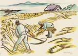 Max Pechstein, Beim Mähen III, 1950, Aquarell über Bleistift auf Papier, vom Künstler auf ein weiteres Papier montiert