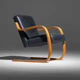 Early Cantilever chair, model 34/402 by Alvar Aalto, c. 1934, leather, birch, sold Nov 2025