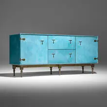 Bddw, Captain's Mid credenza, c. 2024, cast brass, leather over wood, walnut