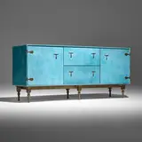 Bddw, Captain's Mid credenza, c. 2024, cast brass, leather over wood, walnut
