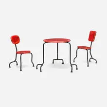 Bad Furniture table and chairs, set of three by Atelier Van Lieshout, c. 2004, patinated steel, painted and lacquered wood, sold Nov 2025