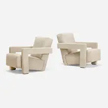 Gerrit Rietveld, Utrecht lounge chairs, pair, boucle upholstery