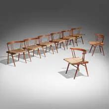 Grass-Seated chairs, set of eight by attribution George Nakashima, 1964, American black walnut, sea grass cord, sold Jul 2025