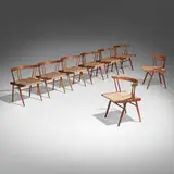 attribution George Nakashima, Grass-Seated chairs, set of eight, 1964, American black walnut, sea grass cord