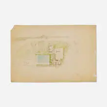 Richard Neutra, Architectural color rendering for the Adolph Brown Residence, Malibu, c. 1955, colored pencil on printed paper