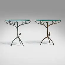 Diego Giacometti, Tree with owl occasional tables, pair, c. 1985, patinated bronze, glass