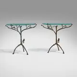 Diego Giacometti, Tree with owl occasional tables, pair, c. 1985, patinated bronze, glass