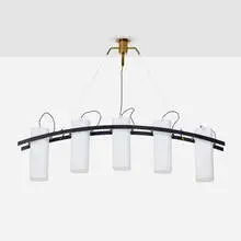 Chandelier, model 12701 by Angelo Lelii, 1958, enameled aluminum, frosted glass, brass, sold Jul 2025
