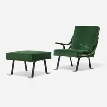 Ignazio Gardella, Digamma lounge chair and ottoman, 1957, velvet upholstery, enameled steel, brass