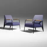 Jean Prouvé, Fauteuil de Salon chairs, pair, 1939 / 2019, upholstery, oak, enameled steel