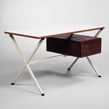 desk by Pierre Paulin, 1953, oak, laminate, metal, sold Oct 2001