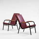 attribution Jean Prouvé, lounge chairs, pair, 1940s, enameled metal, wood, upholstery