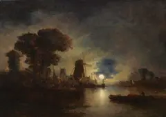 John Berney Crome, Moonlight over the river, oil on canvas,