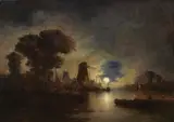 John Berney Crome, Moonlight over the river, oil on canvas,