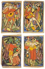 Max Ackermann, Glasfensterentwürfe: Jugendbewegung / Wandervogel, Um 1930, 4 Pastelle, jeweils auf dünnem halbtransparenten Papier