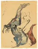 Heinrich Nauen, Studie zu zwei aufsteigenden Pferden; links mit Amazone“ / „Studie zu der reitenden Amazone nach rechts III“ / „Studie zu der reitenden Amazone, aufsteigend; oben links“. 1912 und 1913, 3 Blatt: Aquarell und Tuschpinsel bzw. Aquarell, jeweils auf dünnem Skizzenpapier bzw. Aquarell und Deckweiß auf bräunlichem Velin