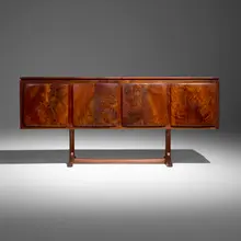 Miles Karpilow, Music cabinet, 1972, hand-carved walnut, cane, laminate
