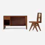Desk and chair from Chandigarh by Pierre Jeanneret, c. 1957-59, teak, leather, cane, aluminum, sold Jul 2025