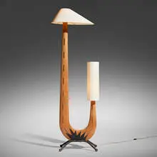Jean Rispal, Floor lamp, c. 1960, beech, enameled steel, paper