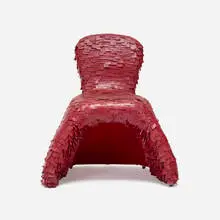 Red Queen chair by Tord Boontje, 2004, steel, polyurethane foam, leather, upholstery, sold Jul 2025