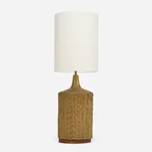 David Cressey, Monumental lamp, c. 1970, glazed stoneware, walnut, linen shade