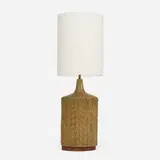 David Cressey, Monumental lamp, c. 1970, glazed stoneware, walnut, linen shade