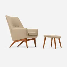 Illum Wikkelsø, Chair and ottoman, c. 1965, wool upholstery, oak