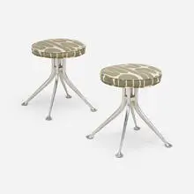 Alexander Girard, Stools model 66308, pair, 1968, cast aluminum, Alexander Girard upholstery