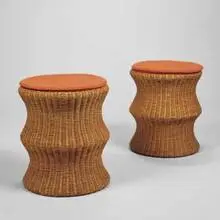 Eero Aarnio, stools, pair, 1960s, cane, upholstery