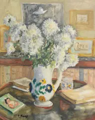 Paul Maze, White Flowers in a vase, with Winston Churchill's hat in background