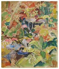 Oskar Moll, Farn am Wasser, 1925, Aquarell, Gouache und Farbtusche auf grauem faserigen Papier