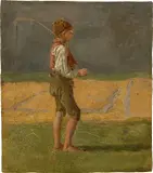Franz von Lenbach, Bauernjunge mit Angel über der rechten Schulter“. (Nach) 1857, Öl auf Pappe