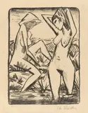 Otto Mueller, Im Wasser stehendes und am Ufer sitzendes Mädchen mit Hut, 1921, Lithografie auf gelblichem Papier
